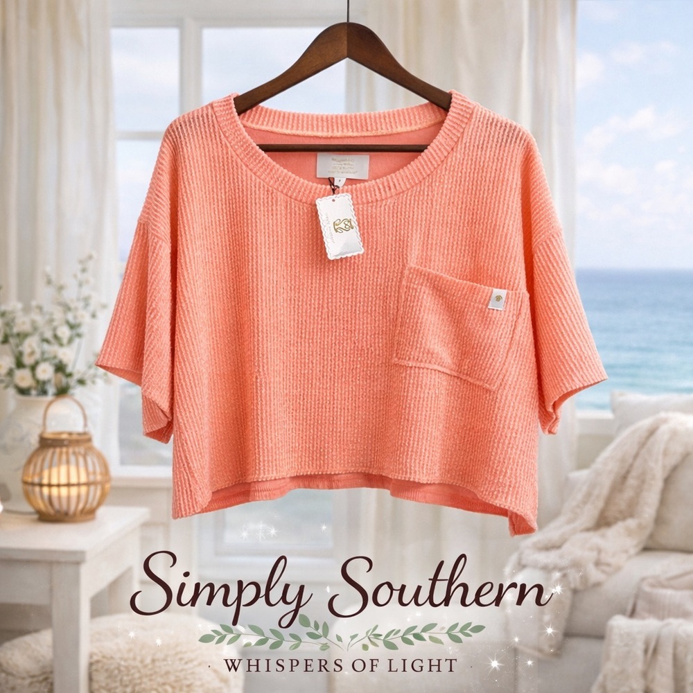 🍑 Simply Southern Coral Textured Cropped Knit Top | Size L | NWT 🍑 - Picture 5 of 9